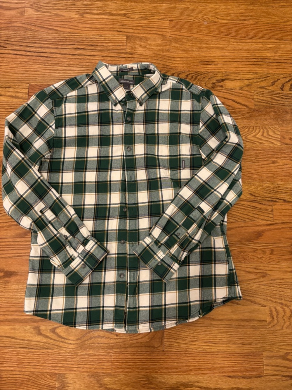 Eddie Bauer Green and White Plaid Button-Up Shirt
